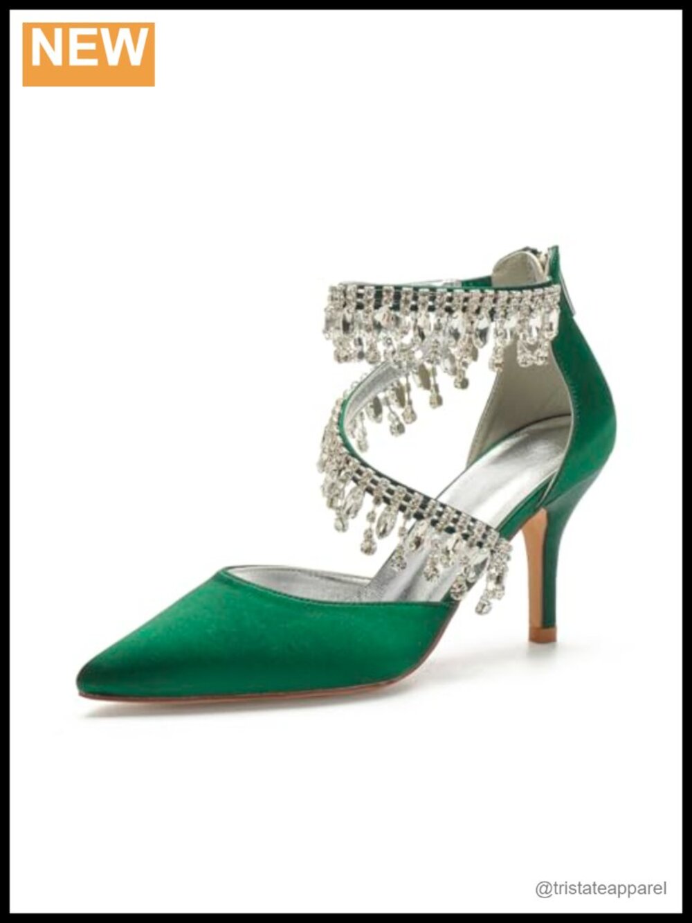 Pointed Toe High Heel Pumps Ankle Strap Satin Rhinestone Wedding Shoes